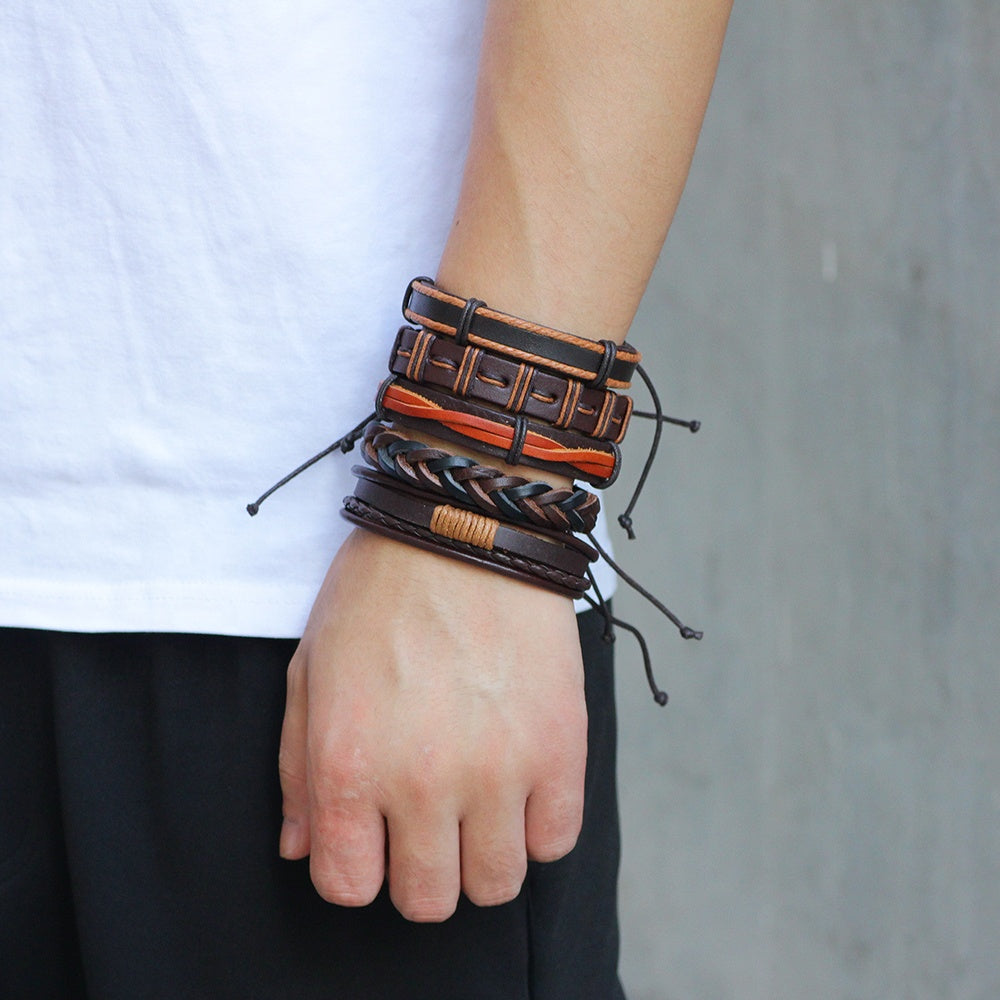 Brown Multi-Layer Leather Bracelet Combo for Men – Pack of 6