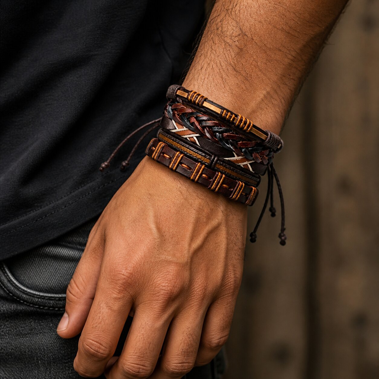 Brown Multi-Layer Leather Bracelet Combo for Men – Pack of 6