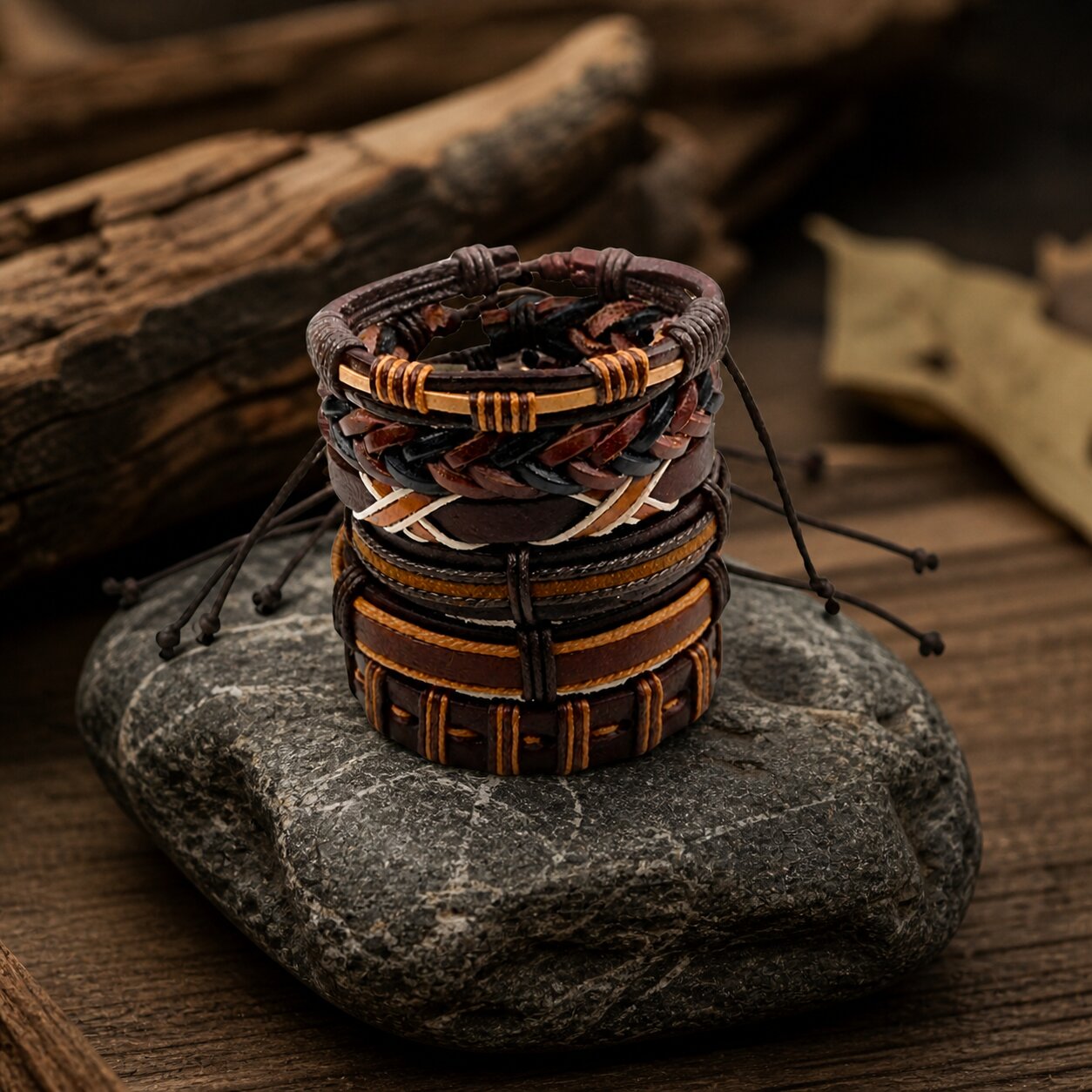 Brown Multi-Layer Leather Bracelet Combo for Men – Pack of 6