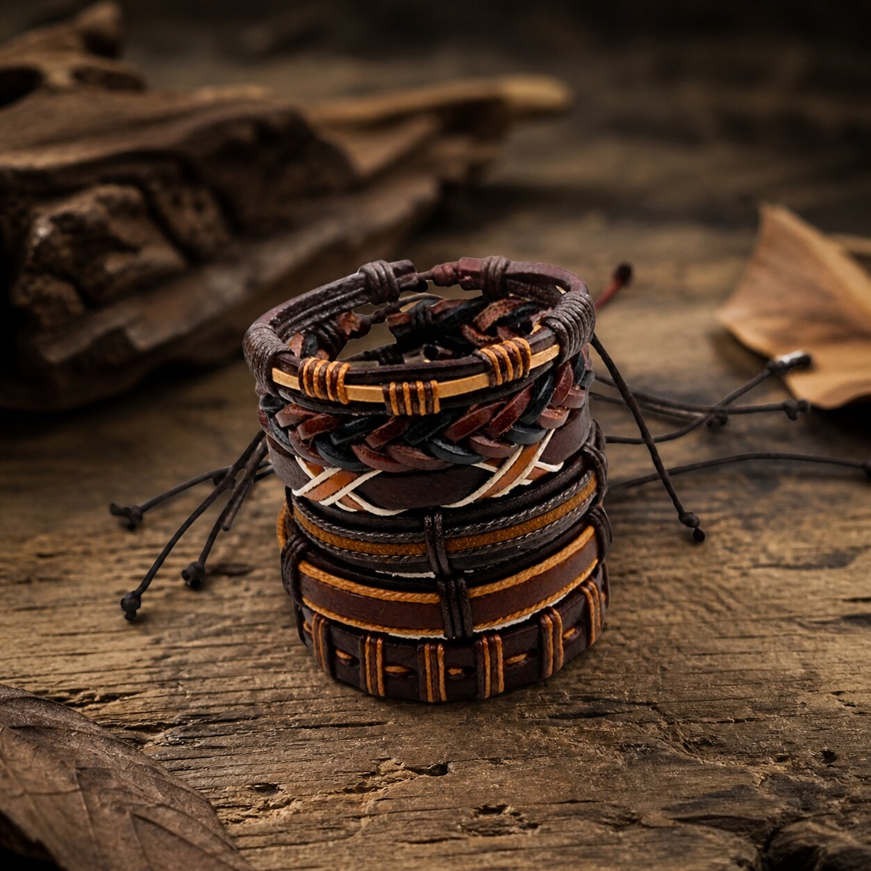Brown Multi-Layer Leather Bracelet Combo for Men – Pack of 6