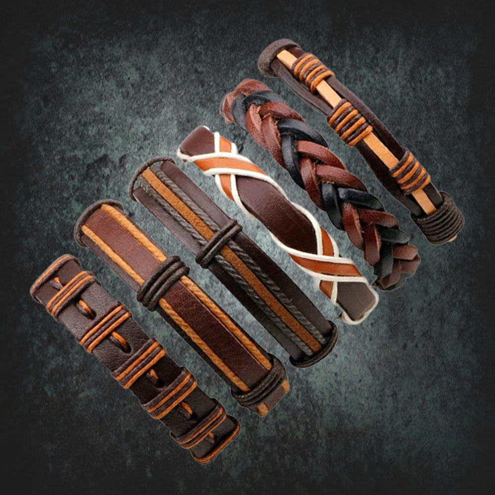 Brown Multi-Layer Leather Bracelet Combo for Men – Pack of 6