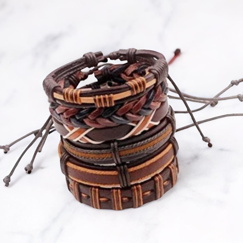 Brown Multi-Layer Leather Bracelet Combo for Men – Pack of 6