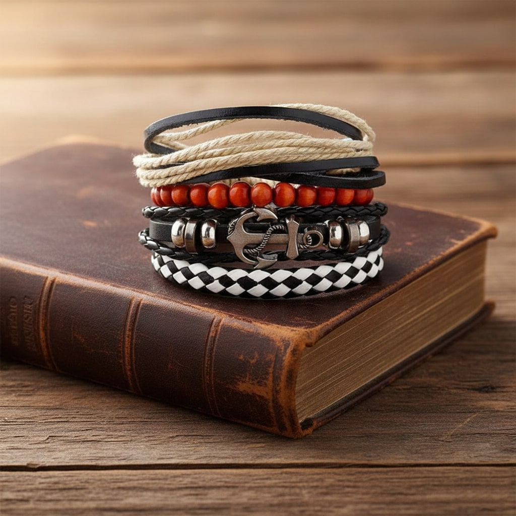 Multicolor Beaded Braided Anchor Leather Bracelet Combo for Men – Pack of 4: