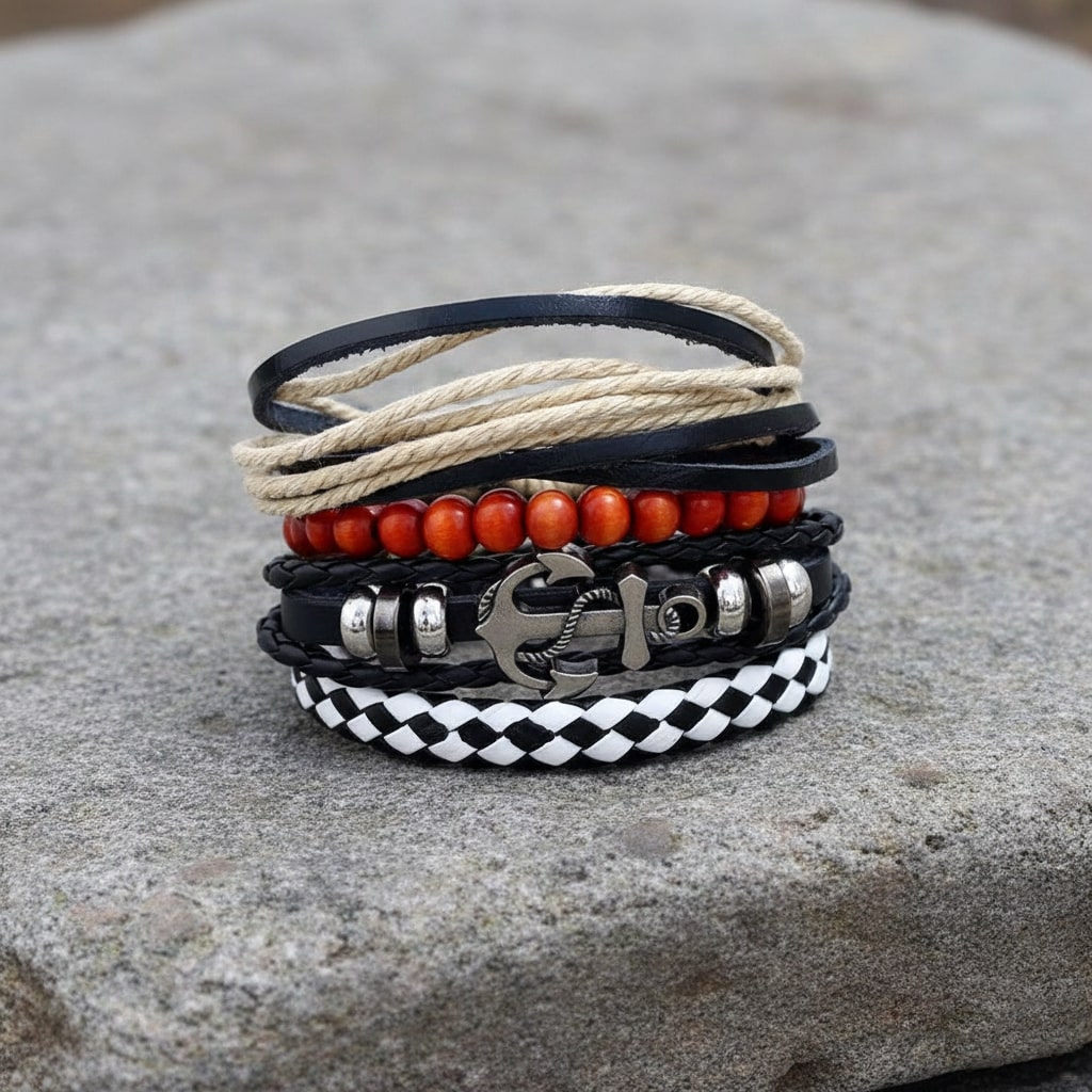 Multicolor Beaded Braided Anchor Leather Bracelet Combo for Men – Pack of 4: