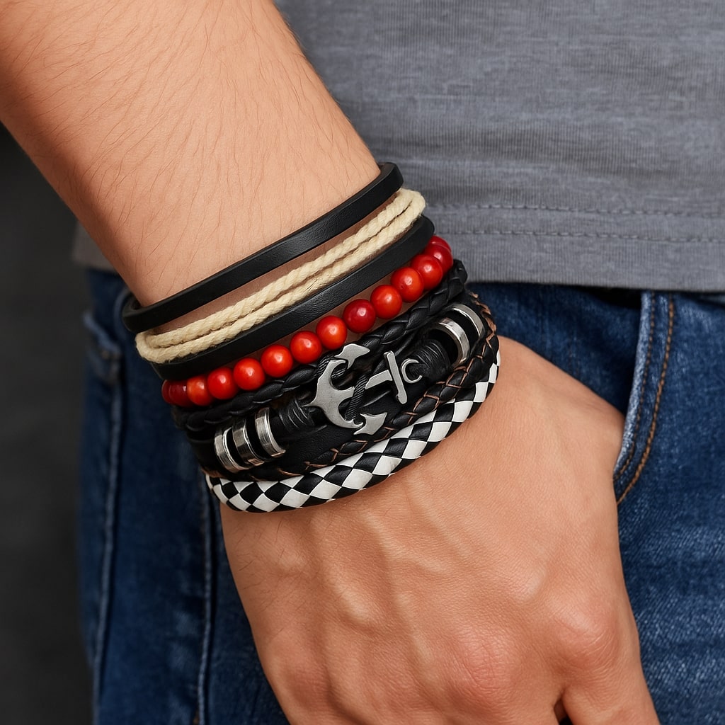Multicolor Beaded Braided Anchor Leather Bracelet Combo for Men – Pack of 4: