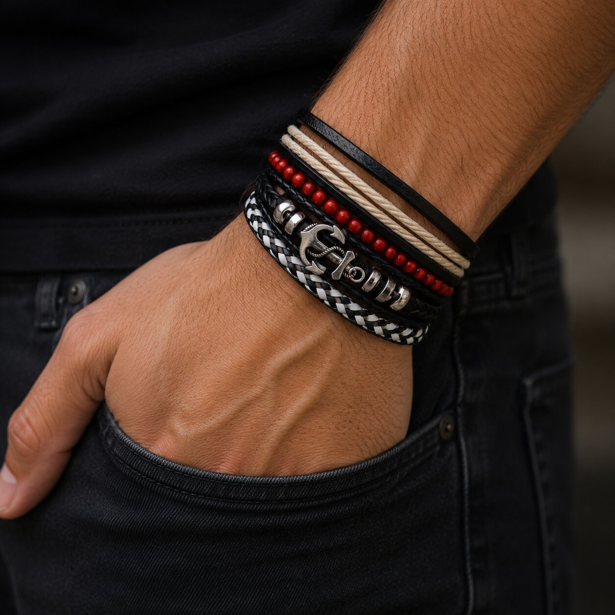 Multicolor Beaded Braided Anchor Leather Bracelet Combo for Men – Pack of 4: