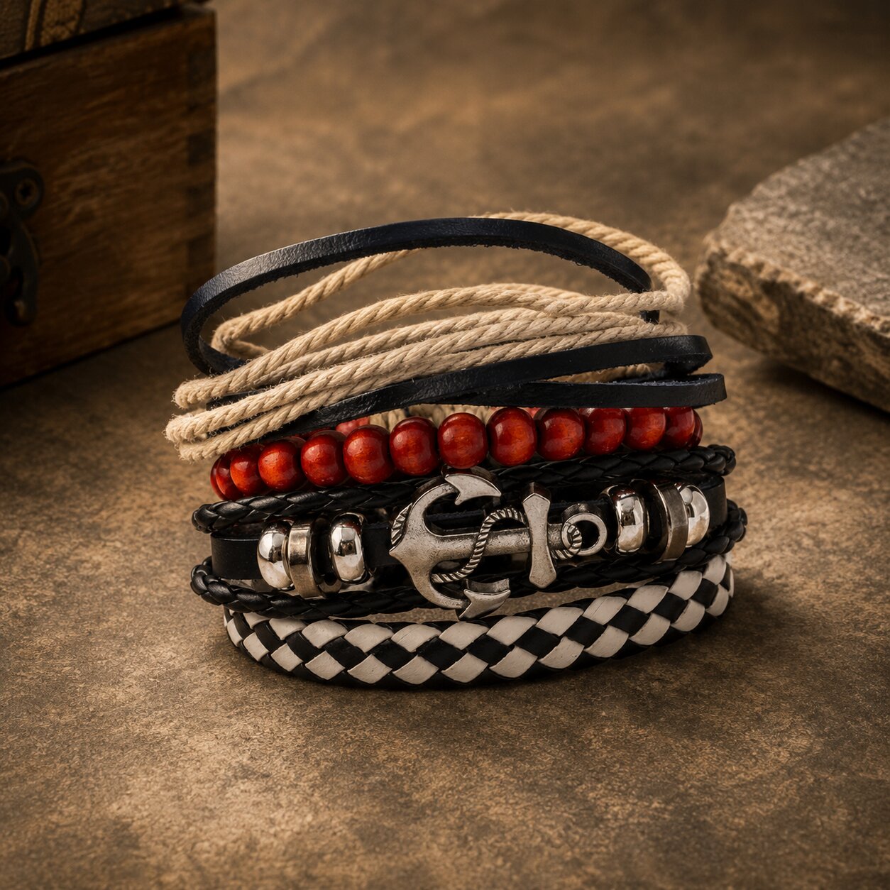 Multicolor Beaded Braided Anchor Leather Bracelet Combo for Men – Pack of 4: