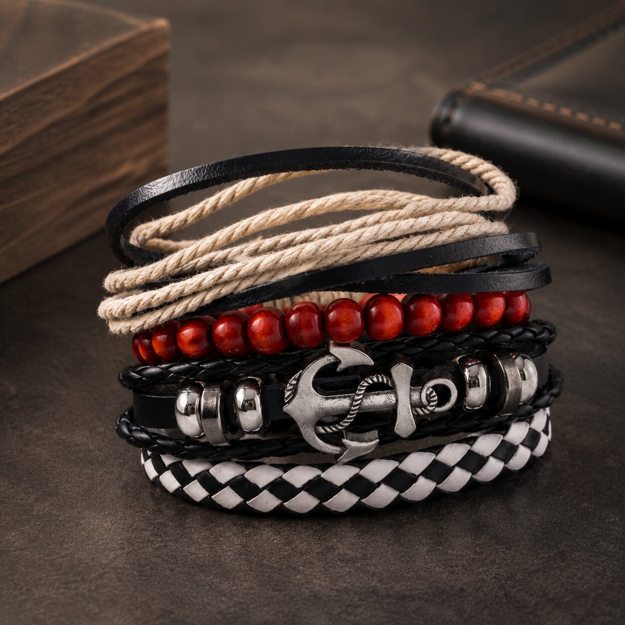 Multicolor Beaded Braided Anchor Leather Bracelet Combo for Men – Pack of 4: