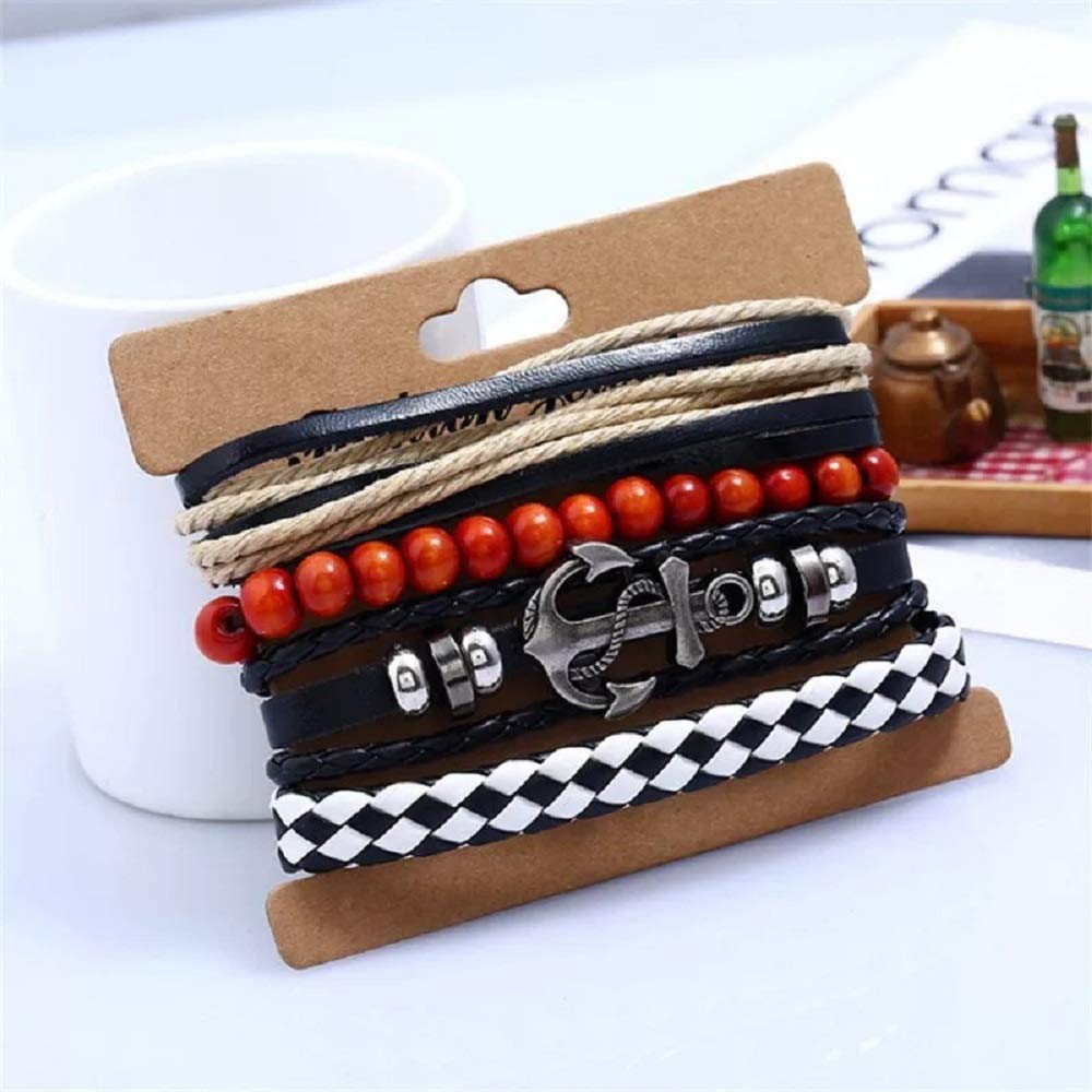 Multicolor Beaded Braided Anchor Leather Bracelet Combo for Men – Pack of 4: