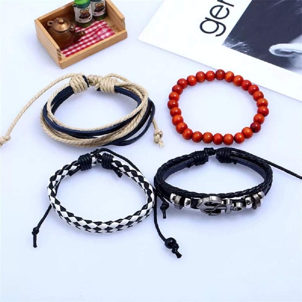 Multicolor Beaded Braided Anchor Leather Bracelet Combo for Men – Pack of 4: