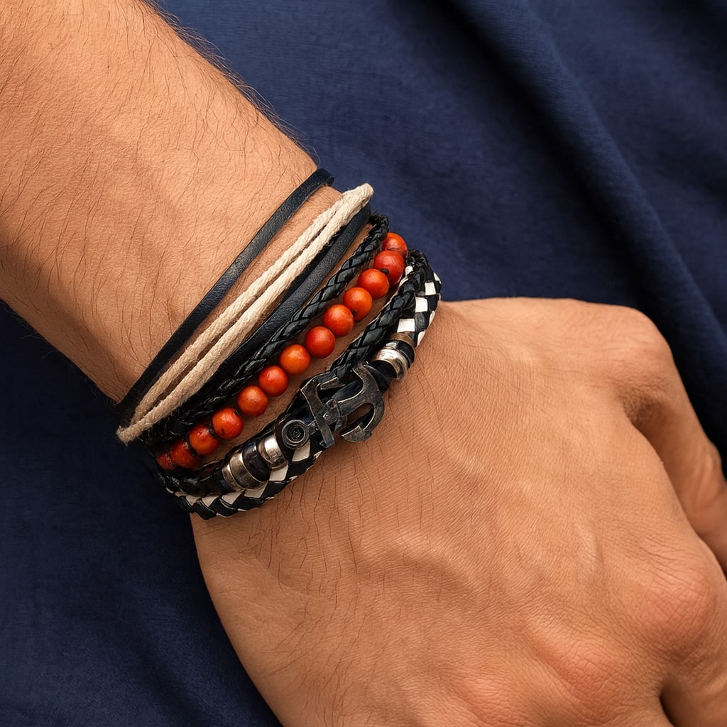 Multicolor Beaded Braided Anchor Leather Bracelet Combo for Men – Pack of 4: