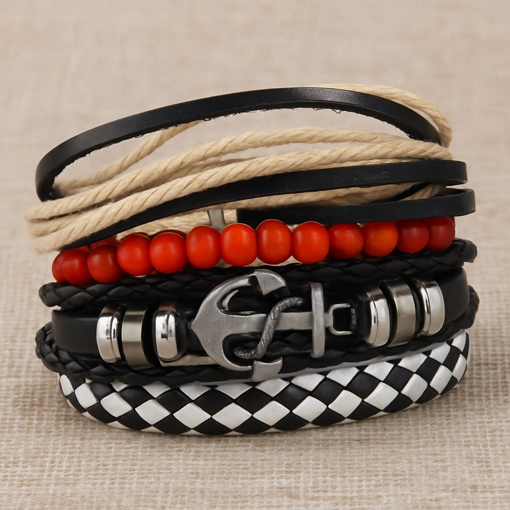 Multicolor Beaded Braided Anchor Leather Bracelet Combo for Men – Pack of 4: