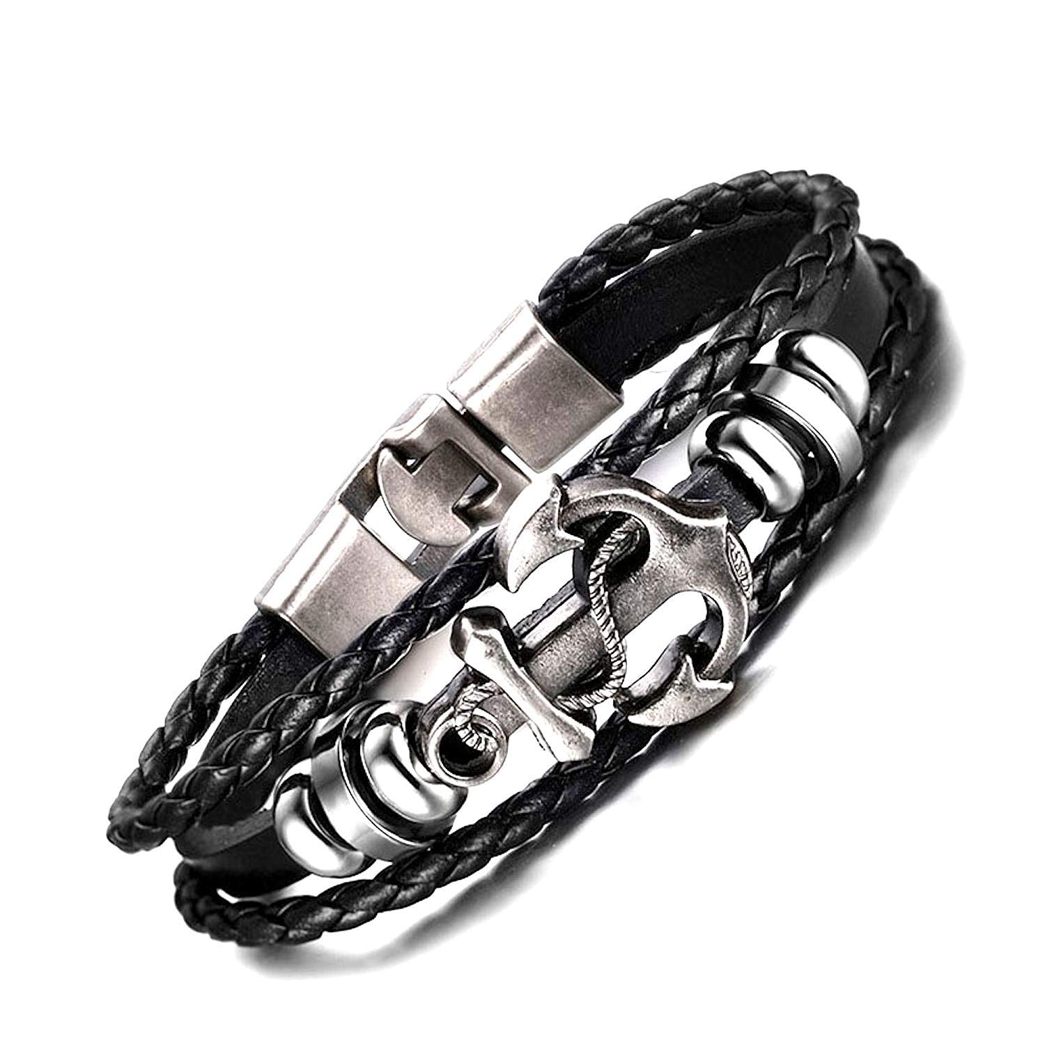 Black Braided Anchor Design Leather Bracelet for Men