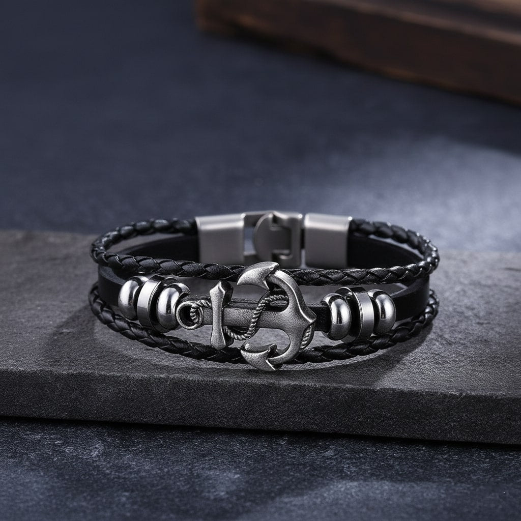 Black Braided Anchor Design Leather Bracelet for Men