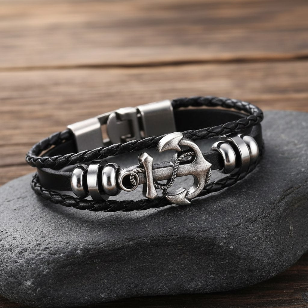 Black Braided Anchor Design Leather Bracelet for Men