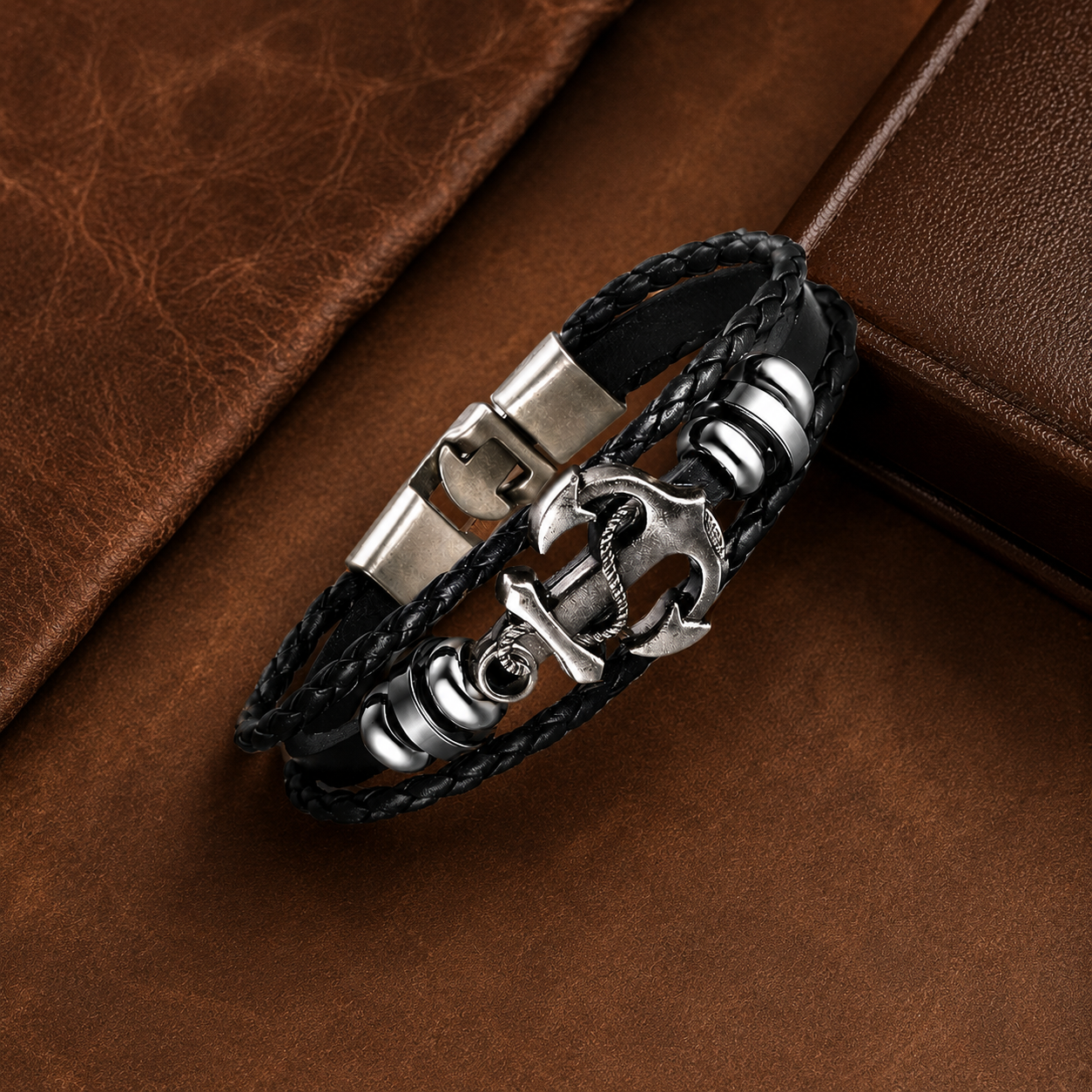 Black Braided Anchor Design Leather Bracelet for Men