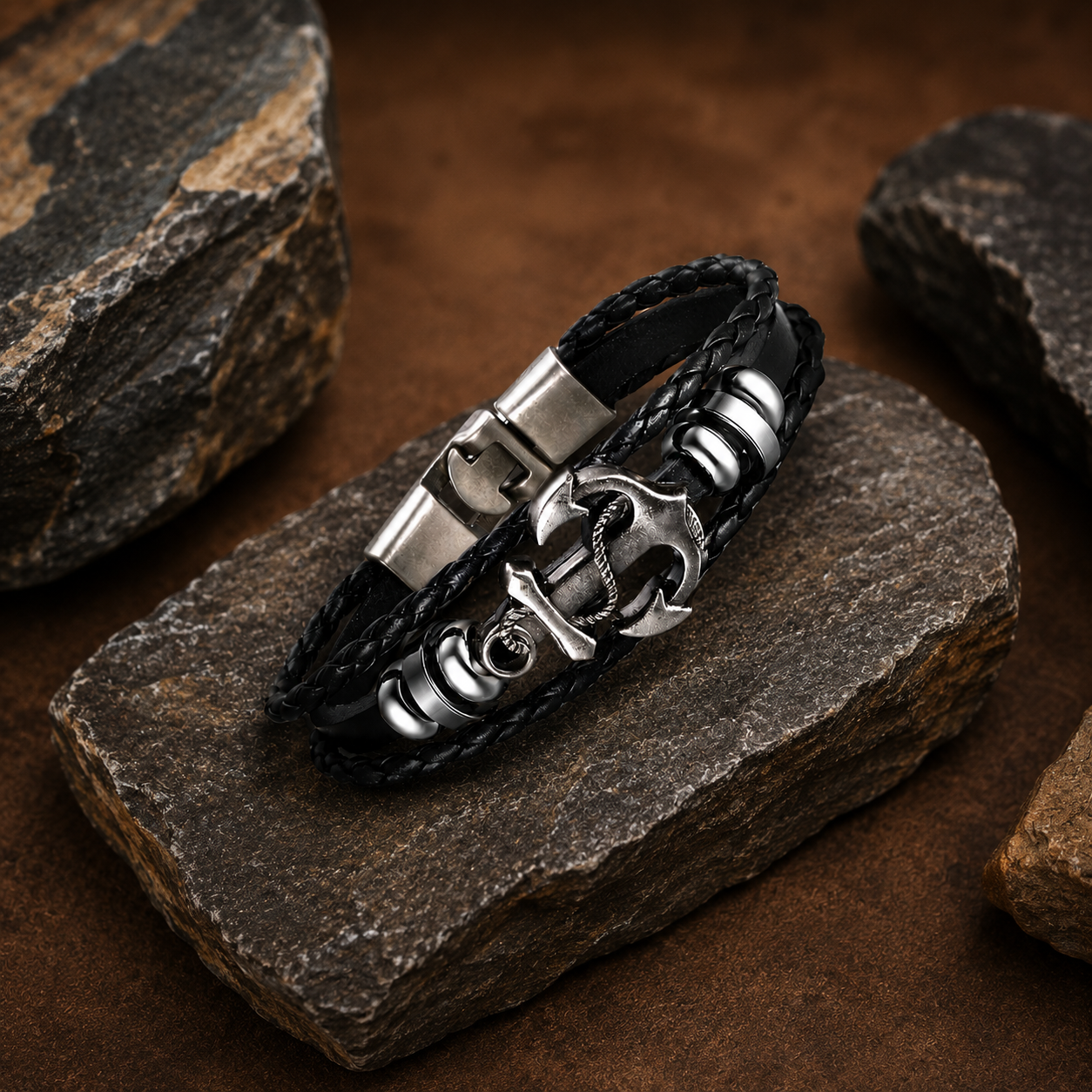 Black Braided Anchor Design Leather Bracelet for Men