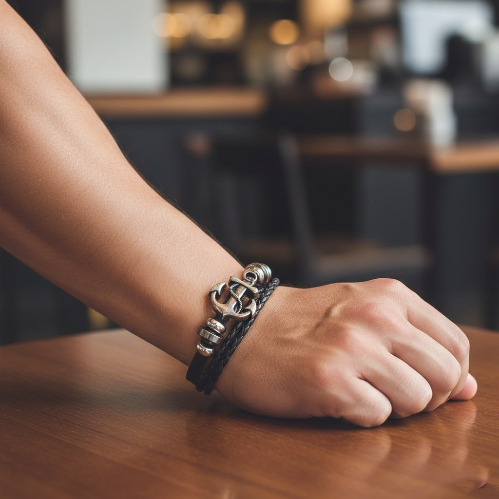 Black Braided Anchor Design Leather Bracelet for Men