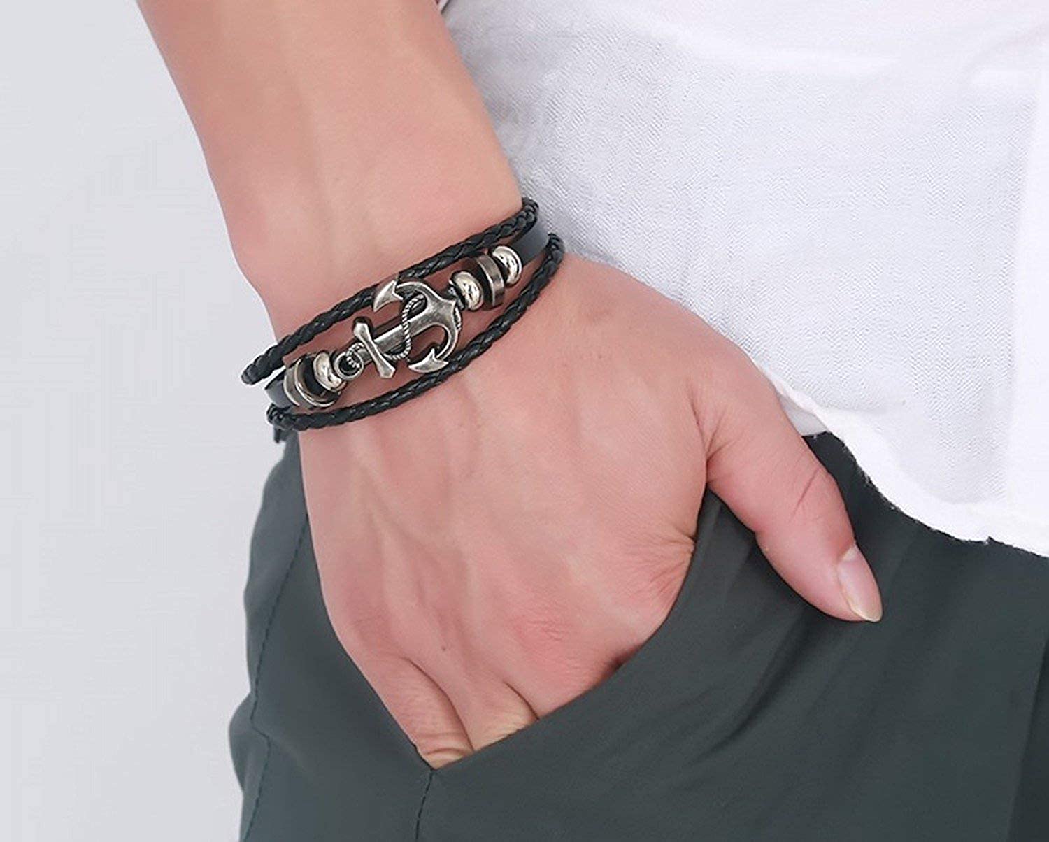 Black Braided Anchor Design Leather Bracelet for Men