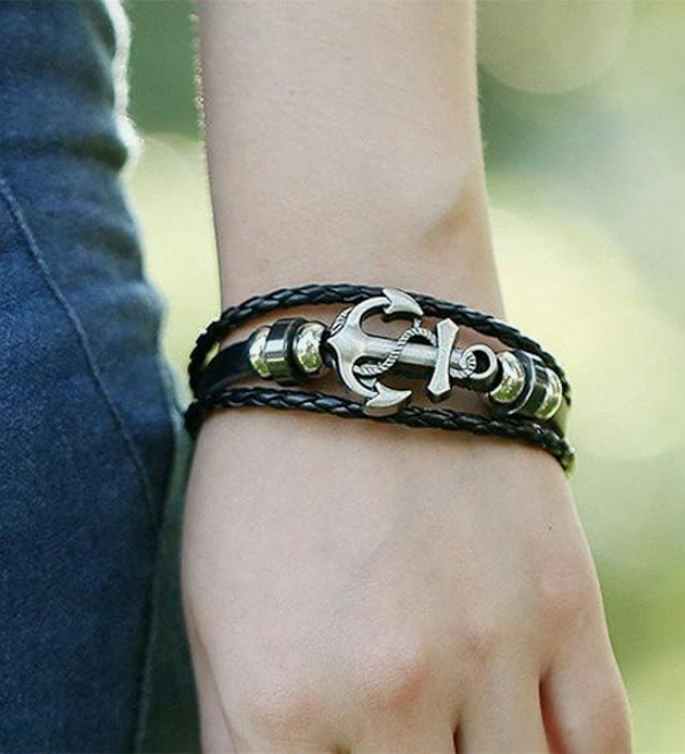 Black Braided Anchor Design Leather Bracelet for Men