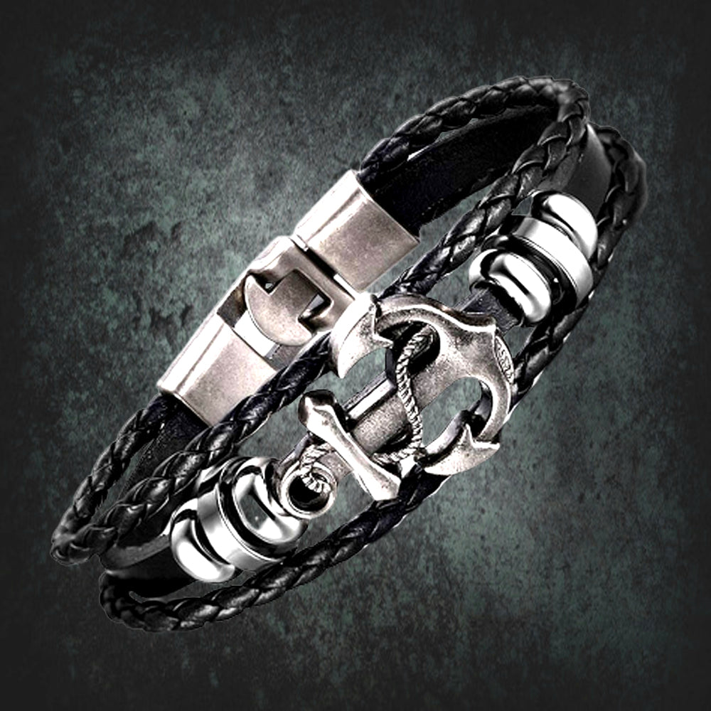 Black Braided Anchor Design Leather Bracelet for Men