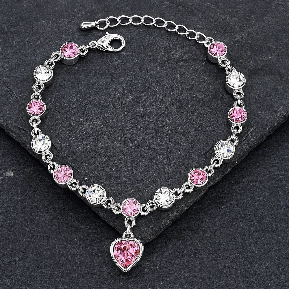 Silver-Plated Blue Crystal Heart Link Chain Bracelet for Women