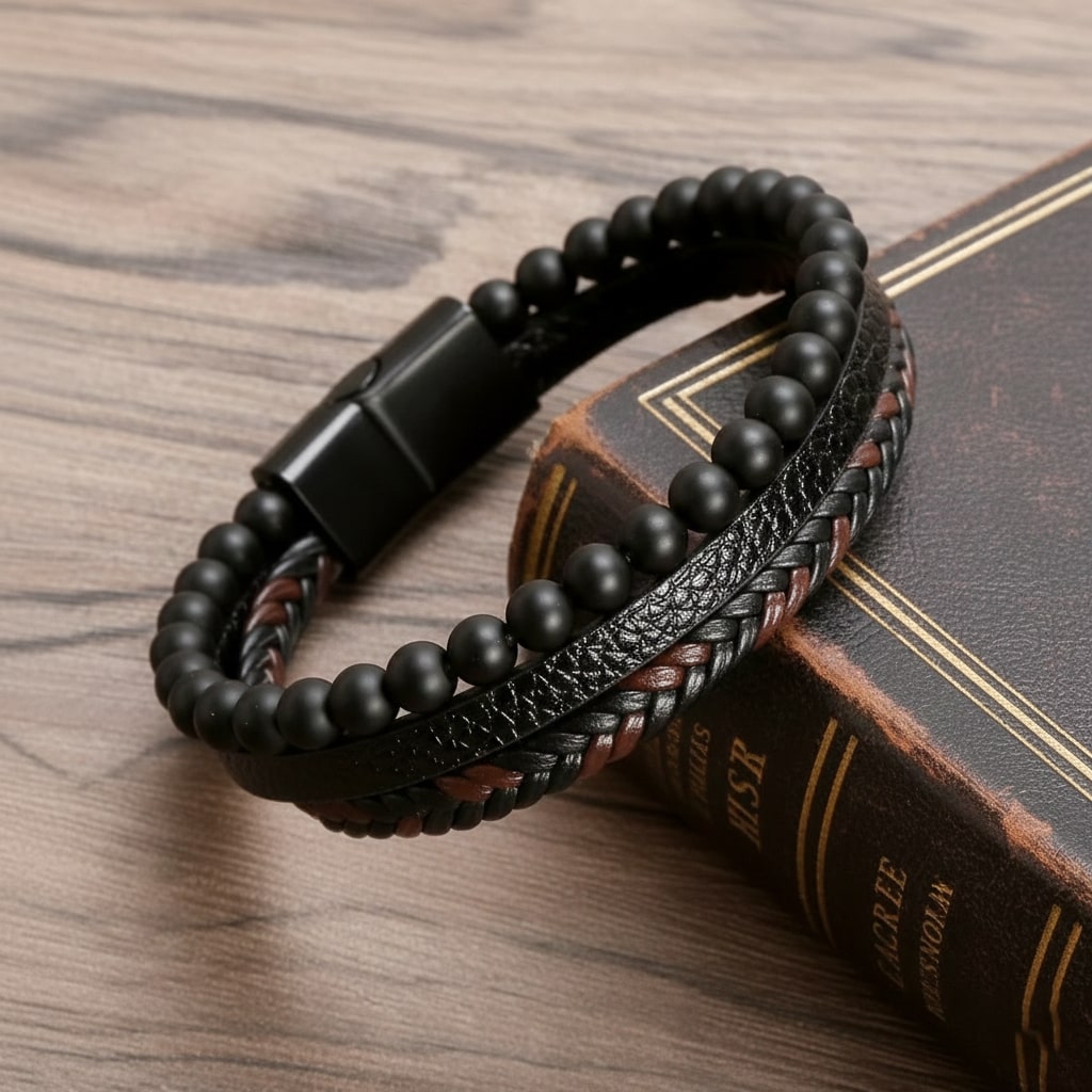 Brown Beaded Leather Bracelet for Men