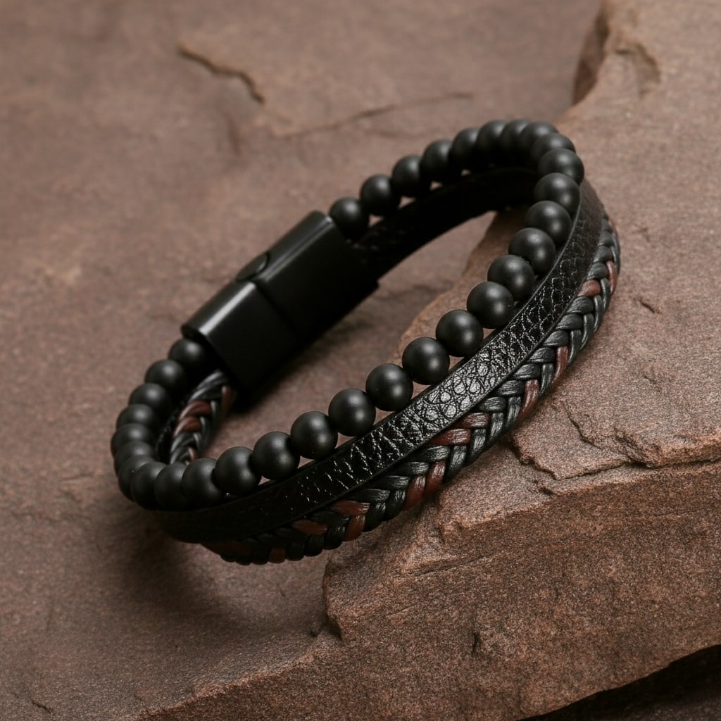 Brown Beaded Leather Bracelet for Men