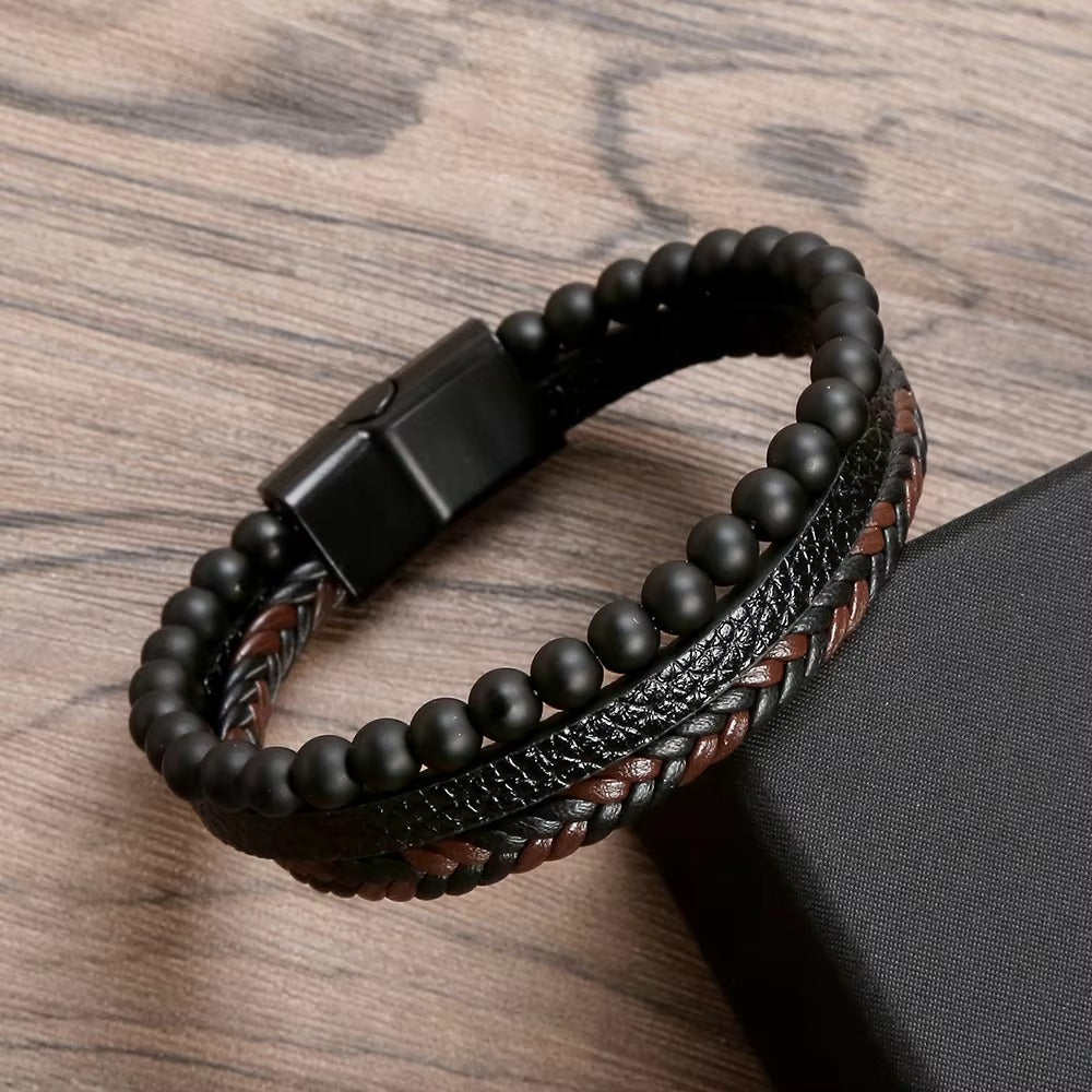 Brown Beaded Leather Bracelet for Men