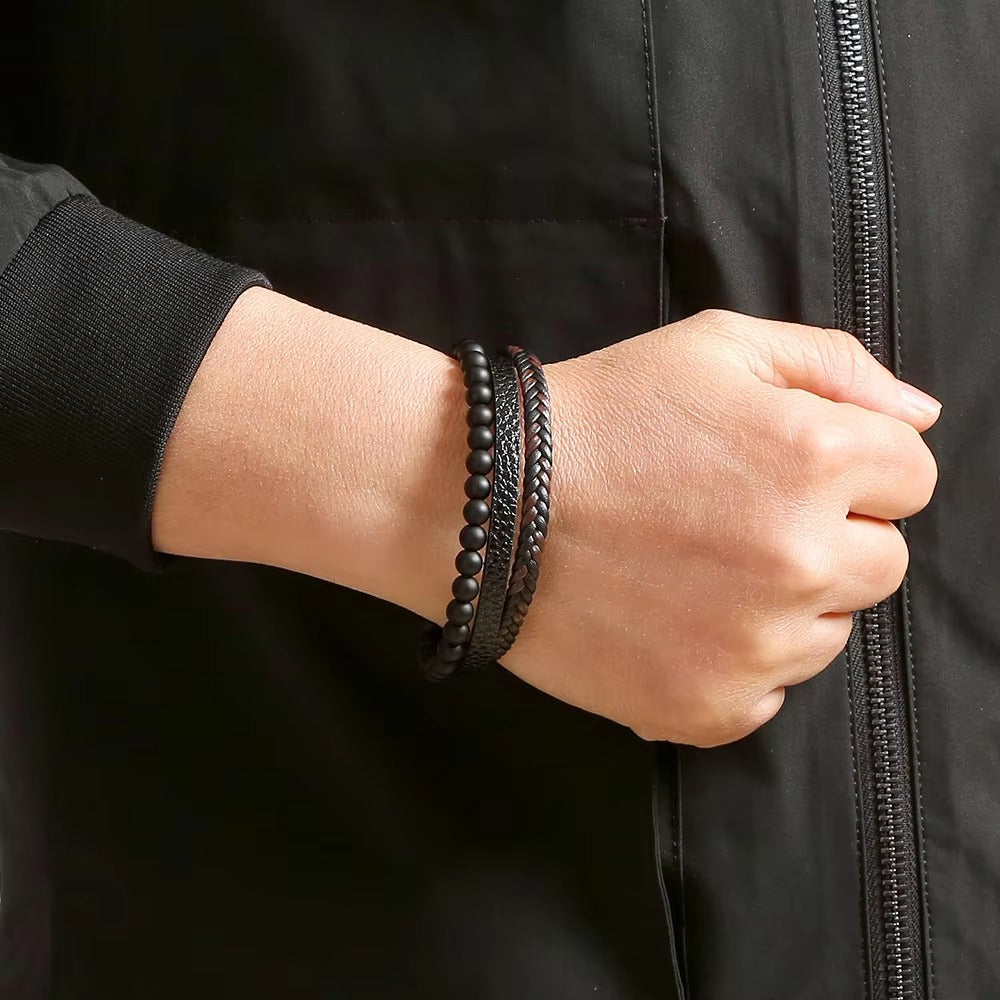 Brown Beaded Leather Bracelet for Men