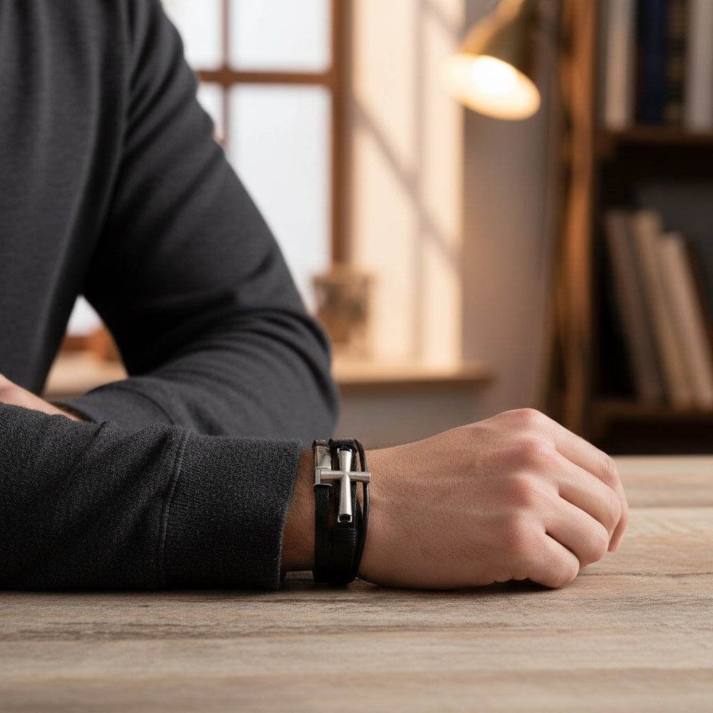 Black Cross Leather Bracelet for Men