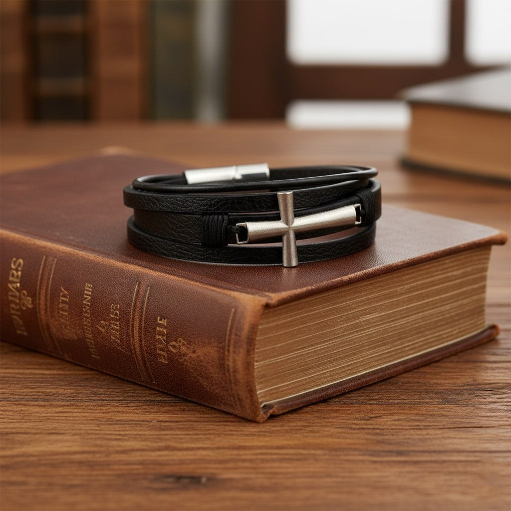 Black Cross Leather Bracelet for Men