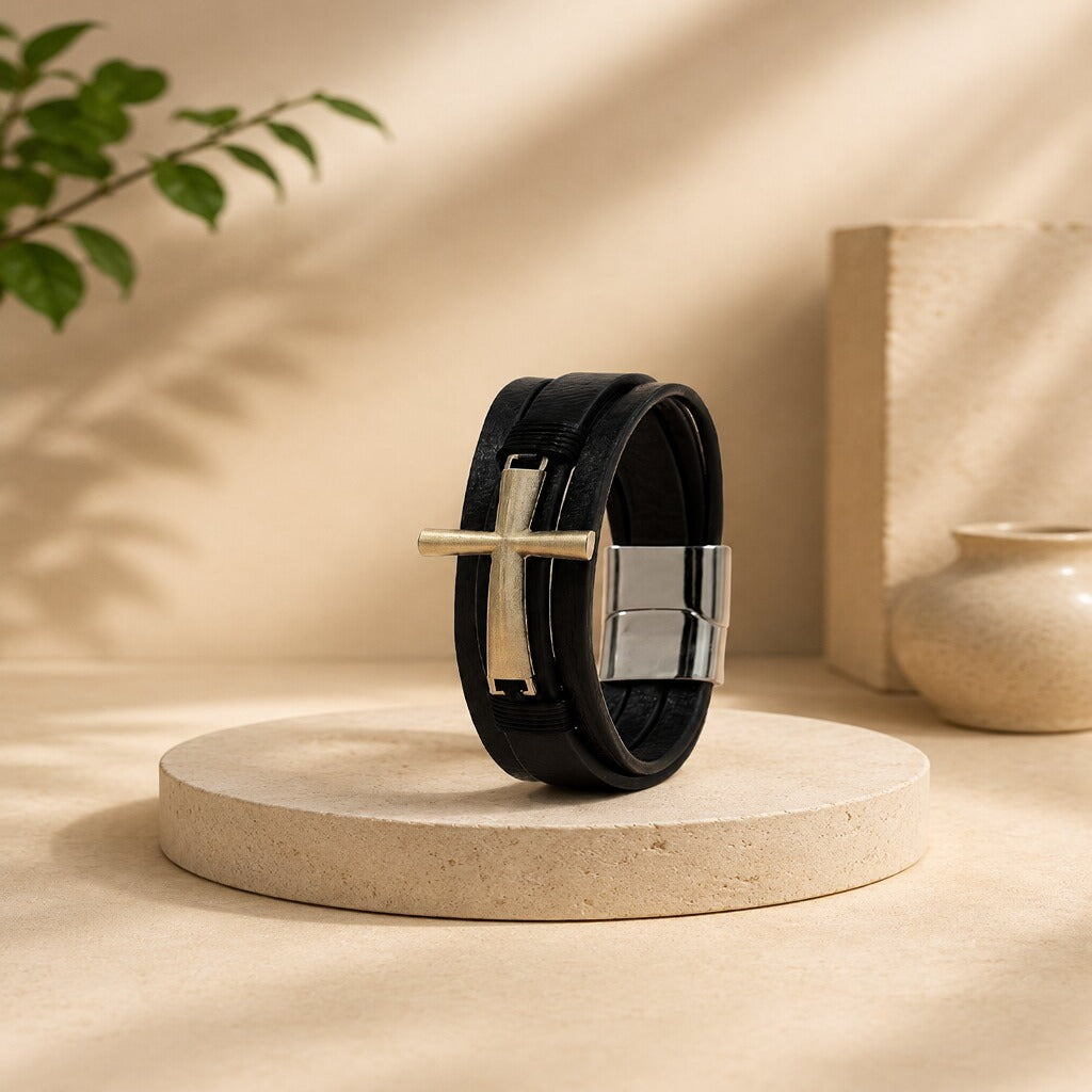Black Cross Leather Bracelet for Men