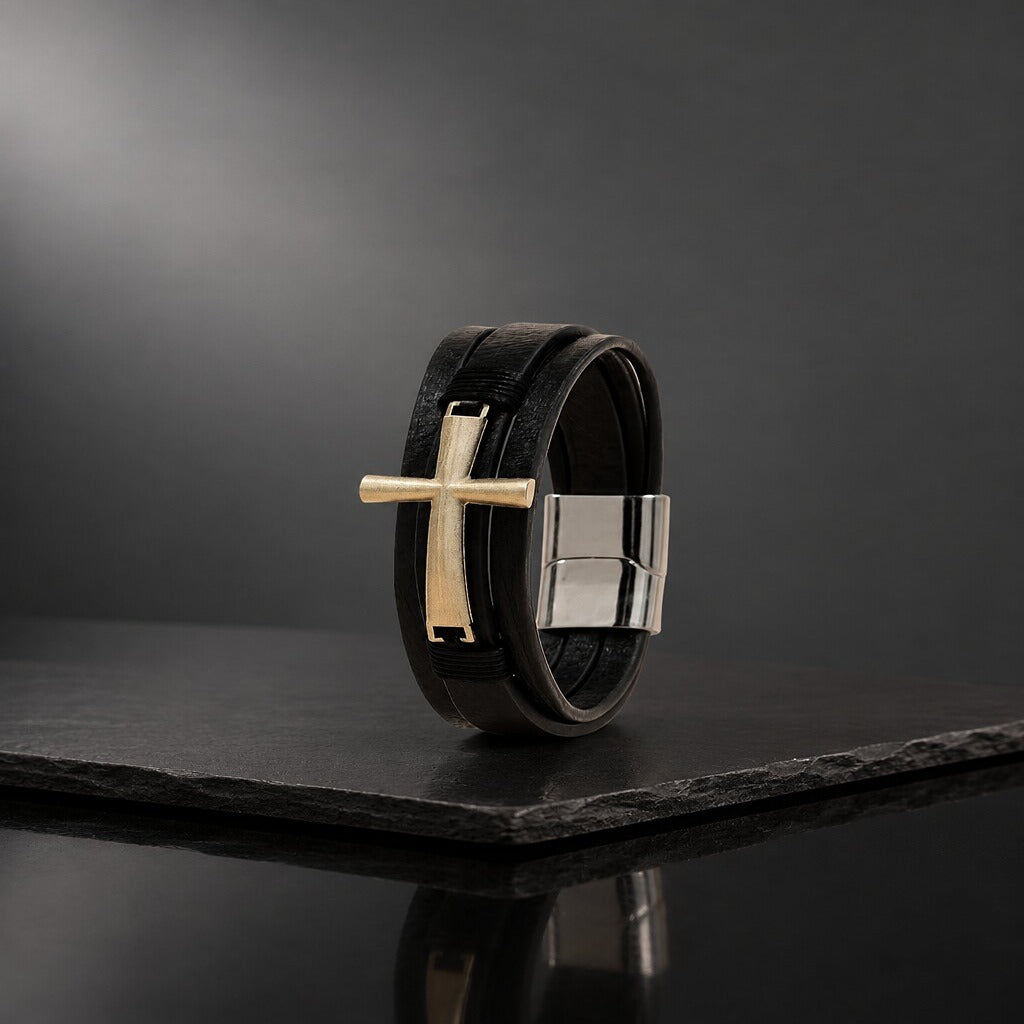 Black Cross Leather Bracelet for Men