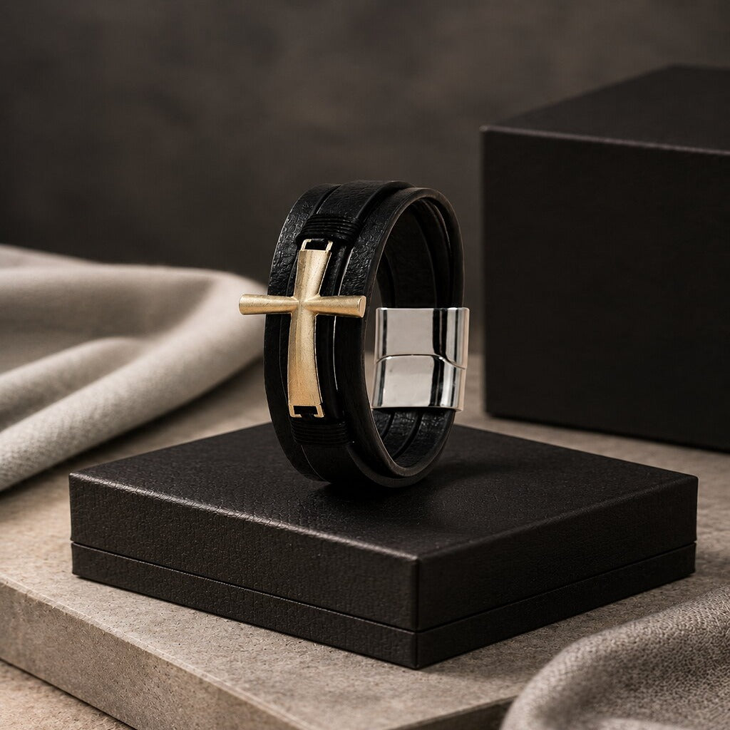 Black Cross Leather Bracelet for Men