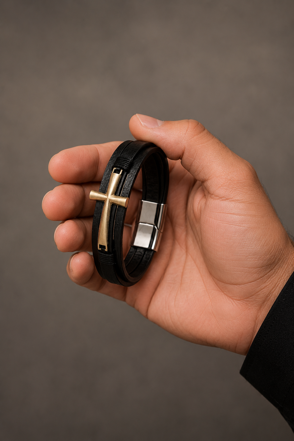 Black Cross Leather Bracelet for Men