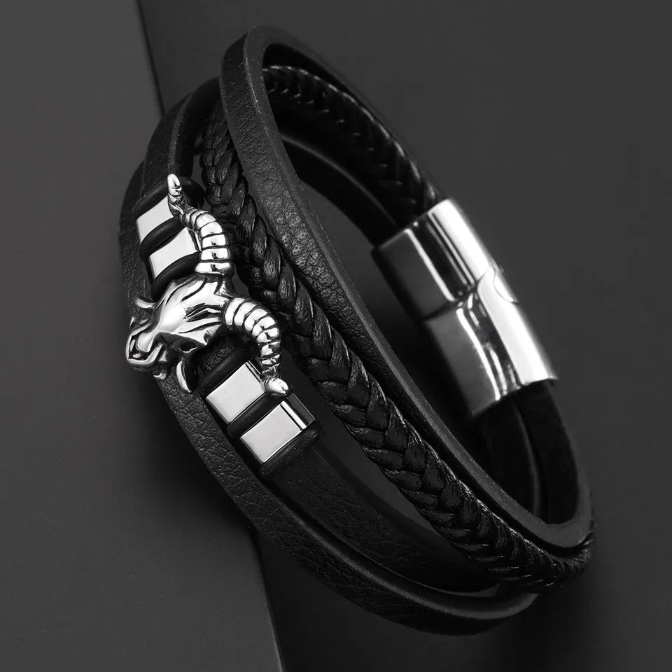 Stainless Steel Sheep Head Black Leather Bracelet for Men
