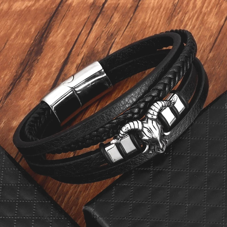 Stainless Steel Sheep Head Black Leather Bracelet for Men