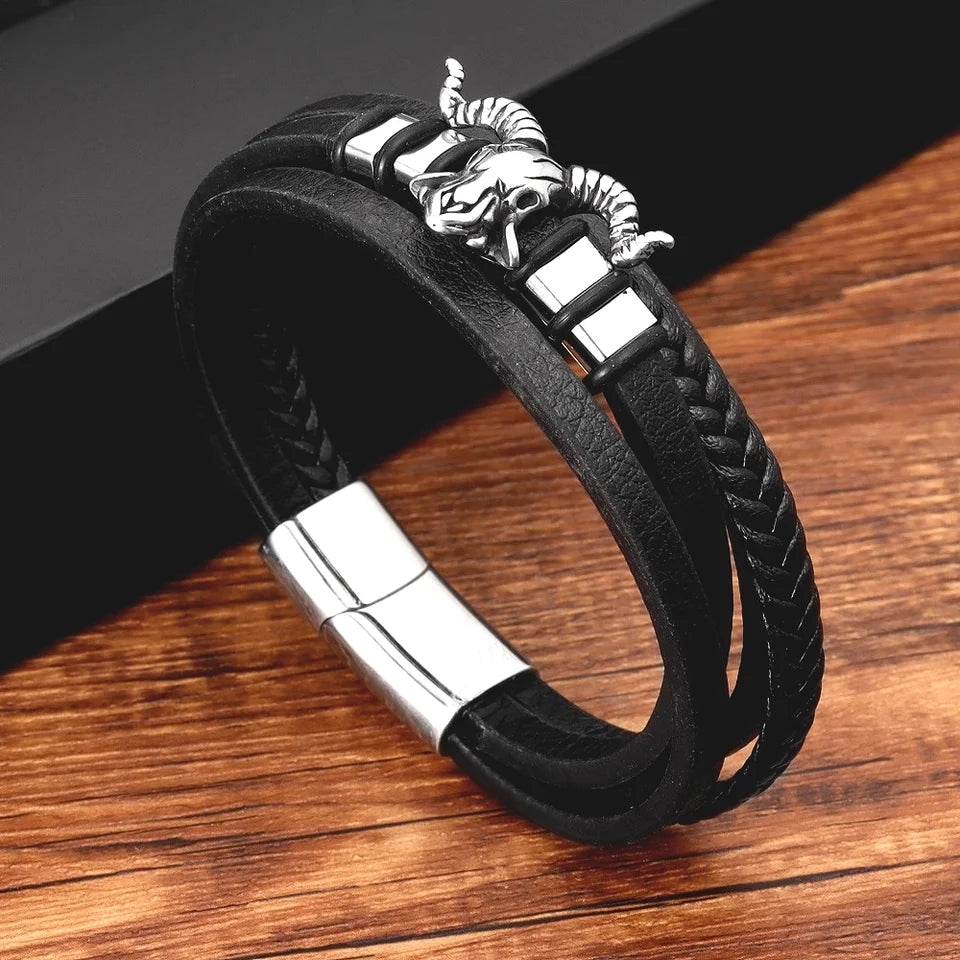 Stainless Steel Sheep Head Black Leather Bracelet for Men