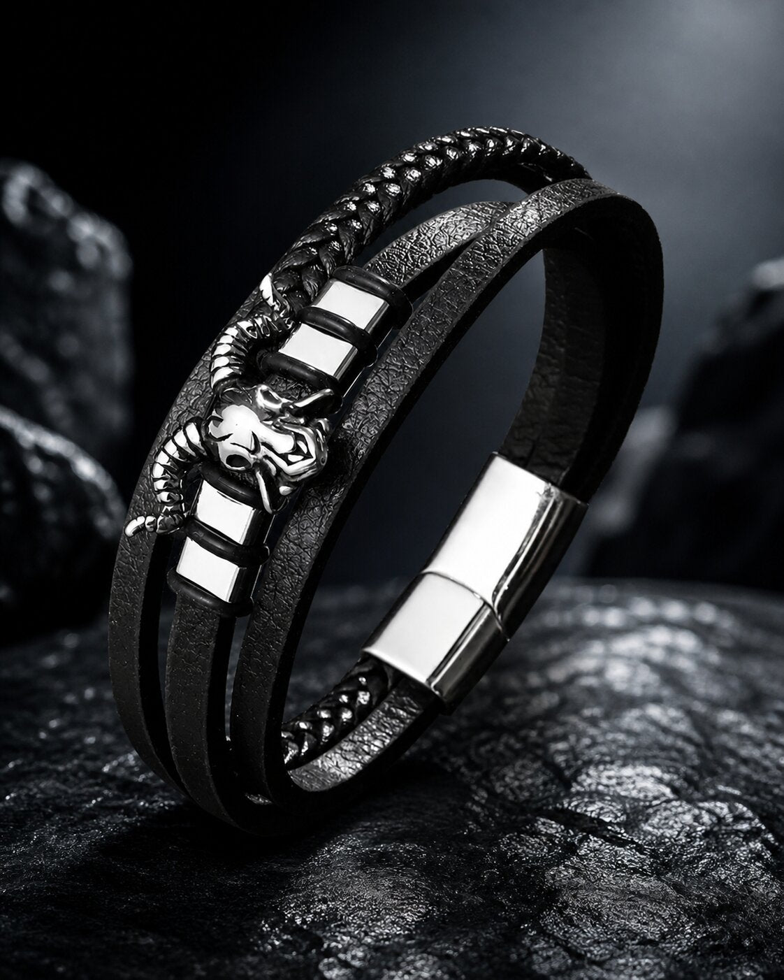Stainless Steel Sheep Head Black Leather Bracelet for Men