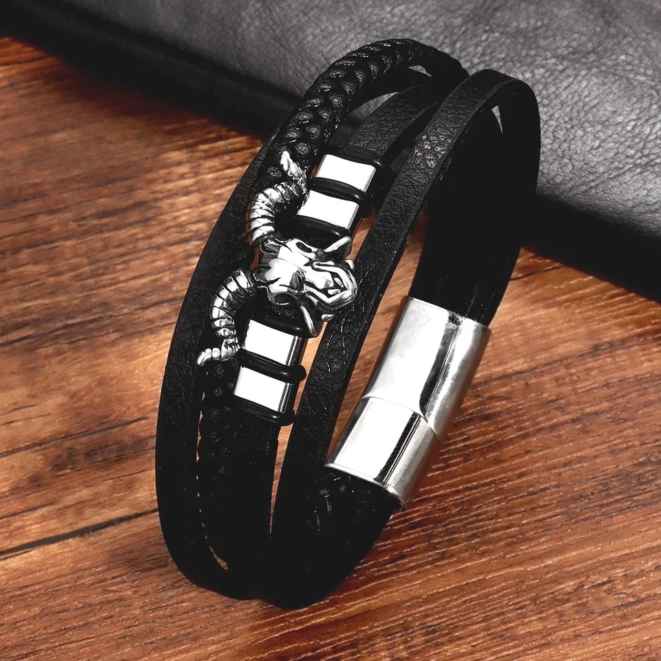 Stainless Steel Sheep Head Black Leather Bracelet for Men