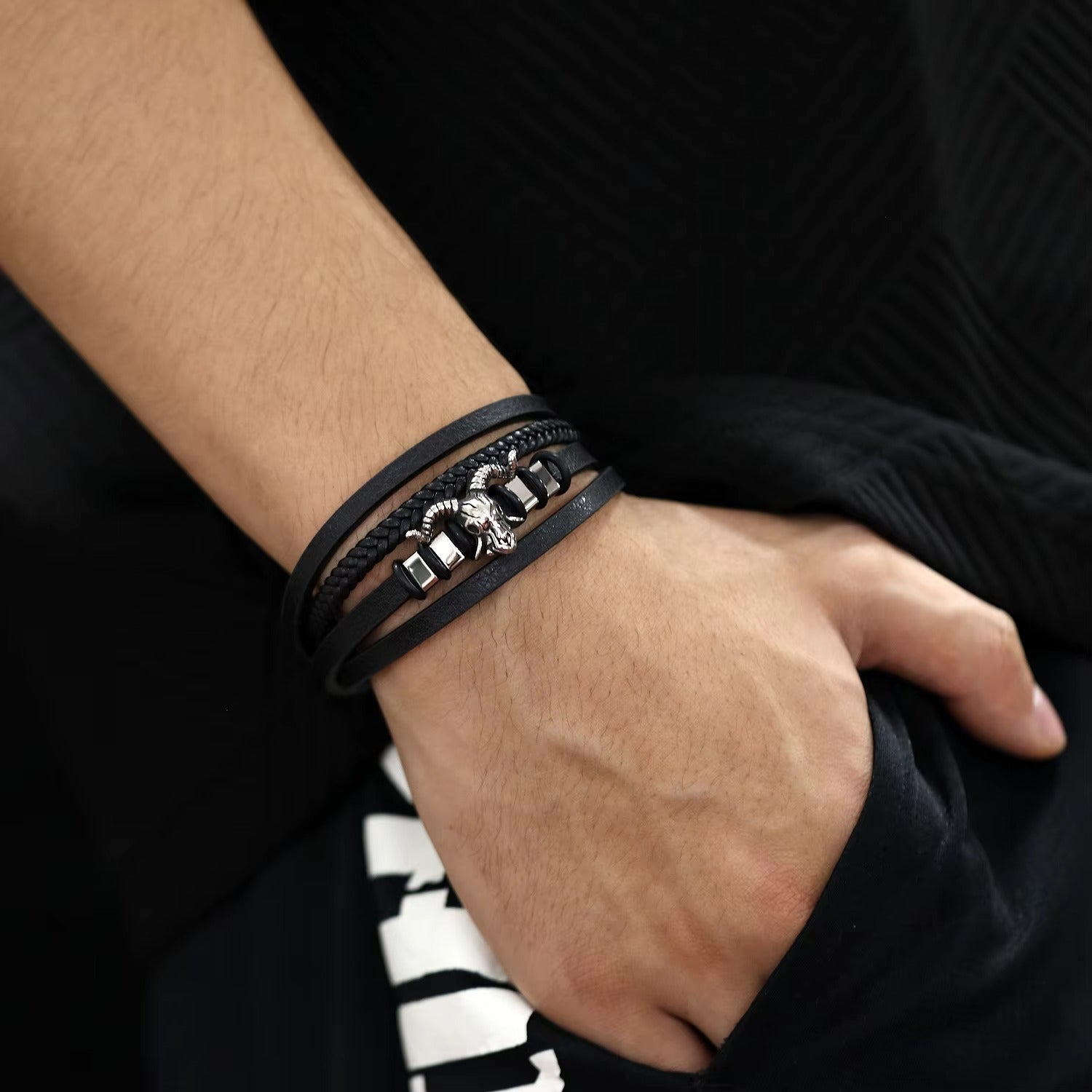Stainless Steel Sheep Head Black Leather Bracelet for Men