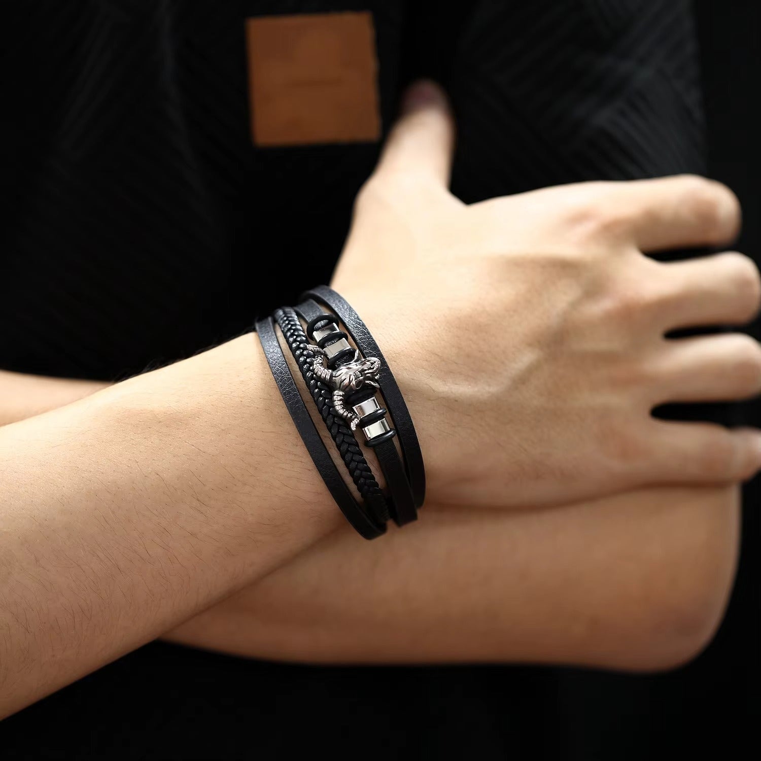 Stainless Steel Sheep Head Black Leather Bracelet for Men