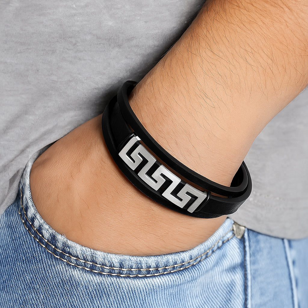 Stainless Steel Wall Pattern Leather Bracelet for Men