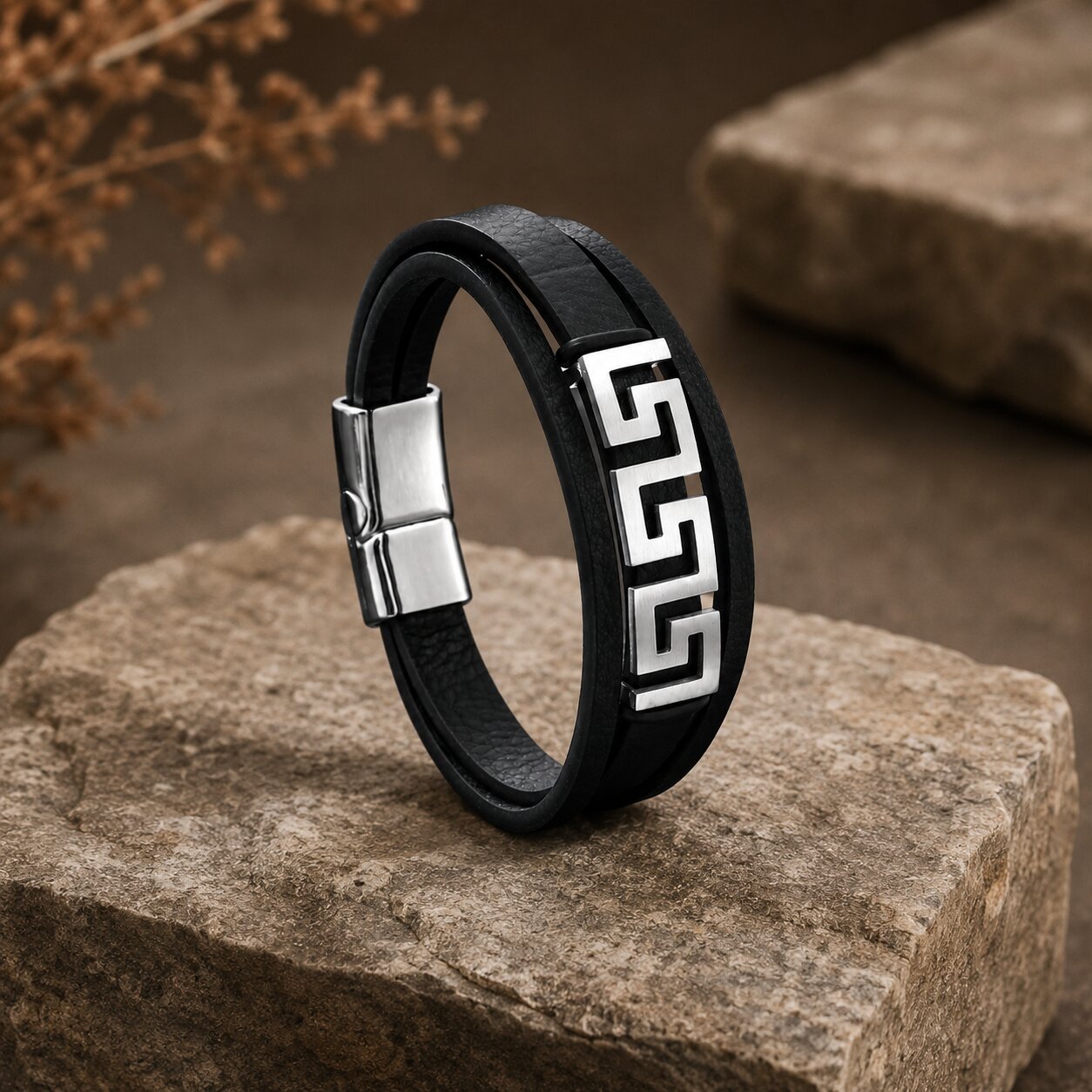Stainless Steel Wall Pattern Leather Bracelet for Men
