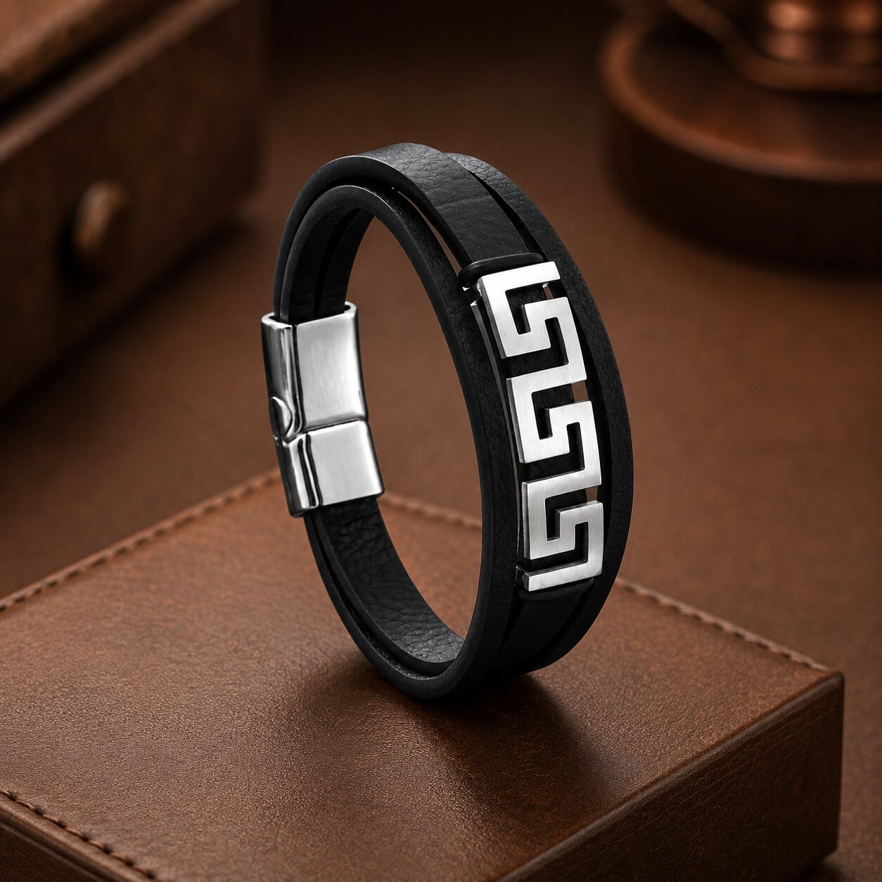 Stainless Steel Wall Pattern Leather Bracelet for Men
