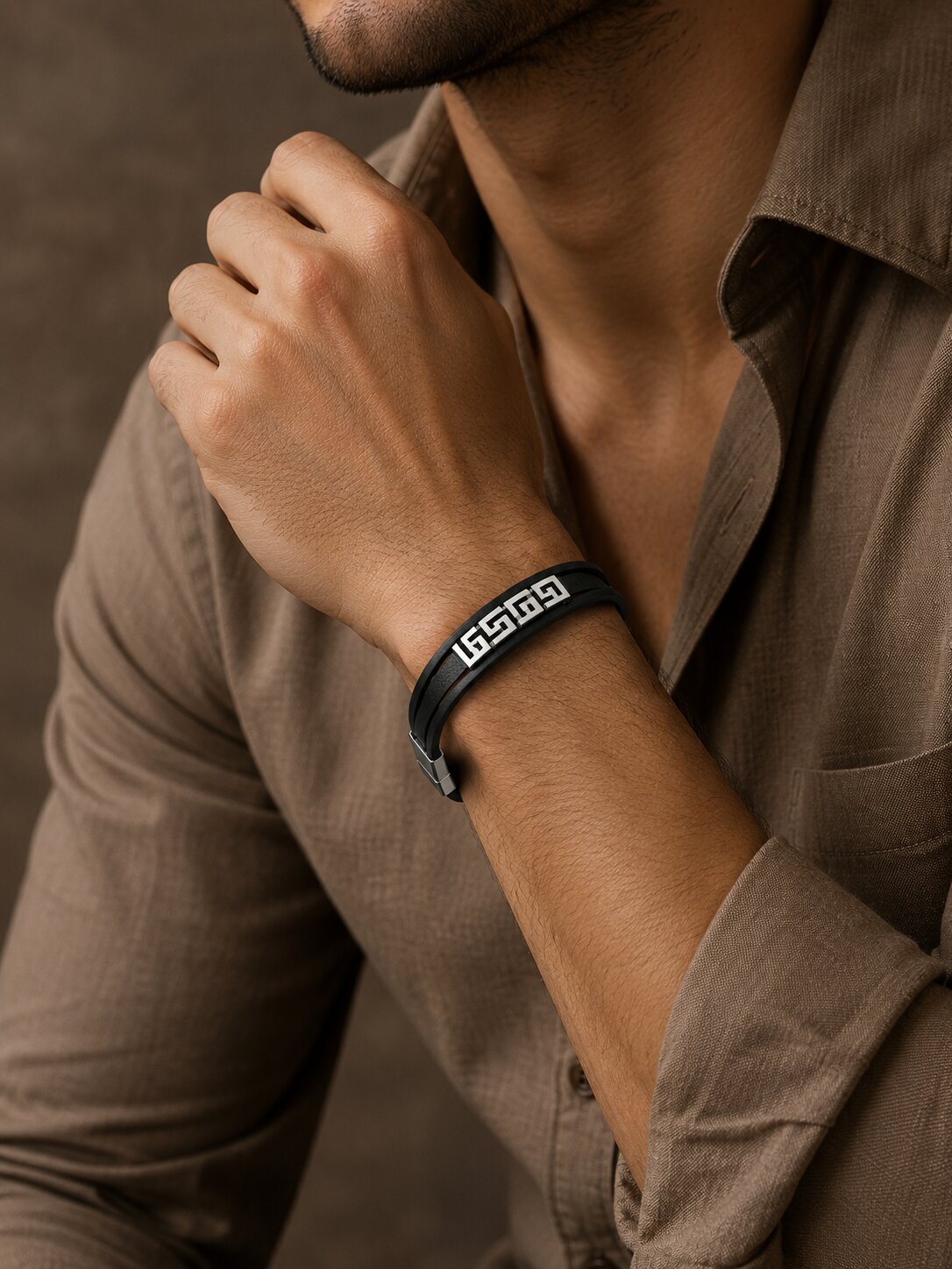 Stainless Steel Wall Pattern Leather Bracelet for Men