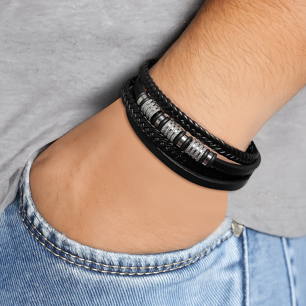 Black Steel Charm Rope Magnetic Clasp Bracelet for Men