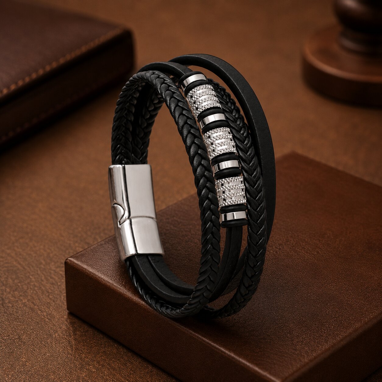 Black Steel Charm Rope Magnetic Clasp Bracelet for Men