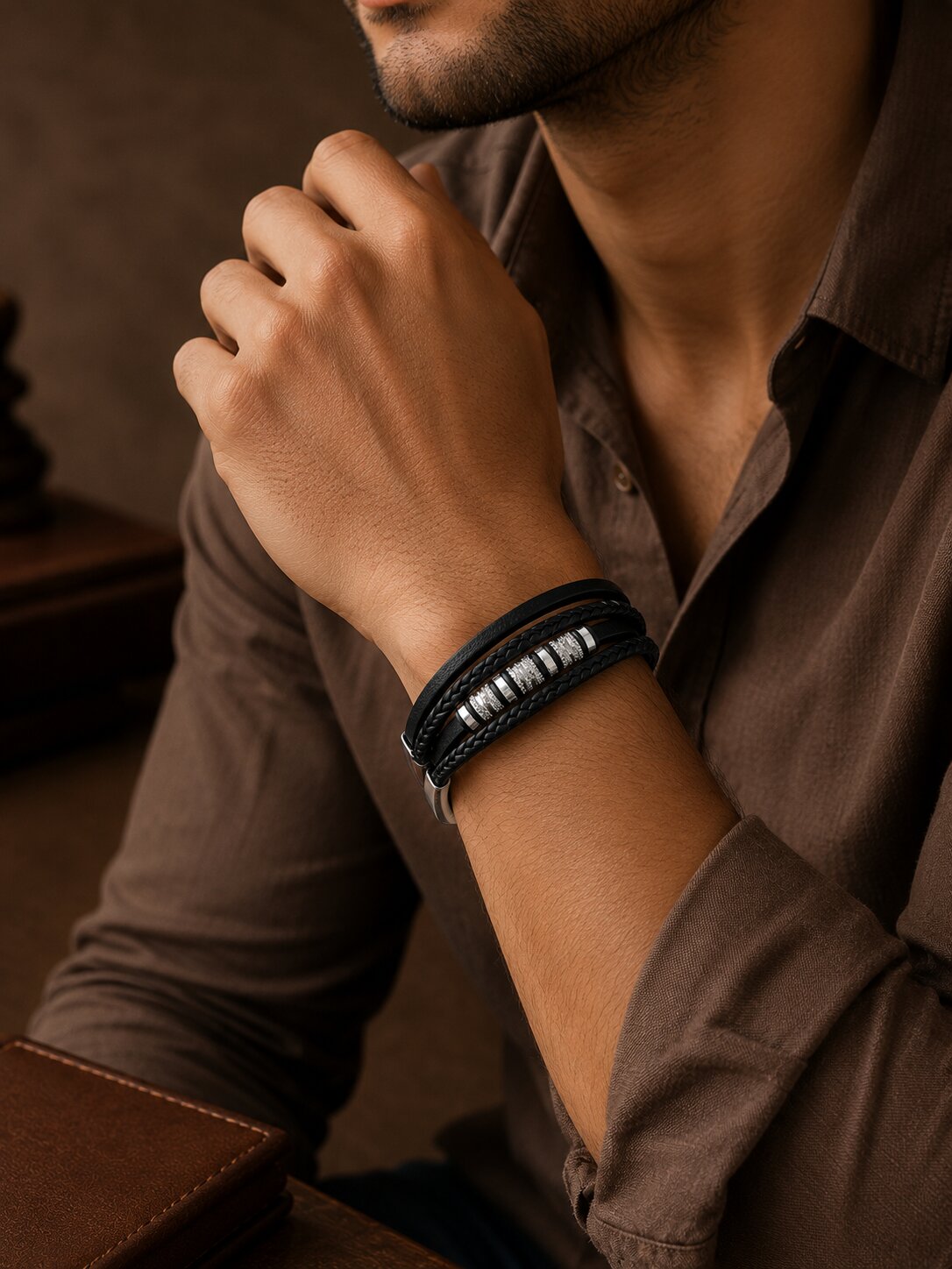 Black Steel Charm Rope Magnetic Clasp Bracelet for Men